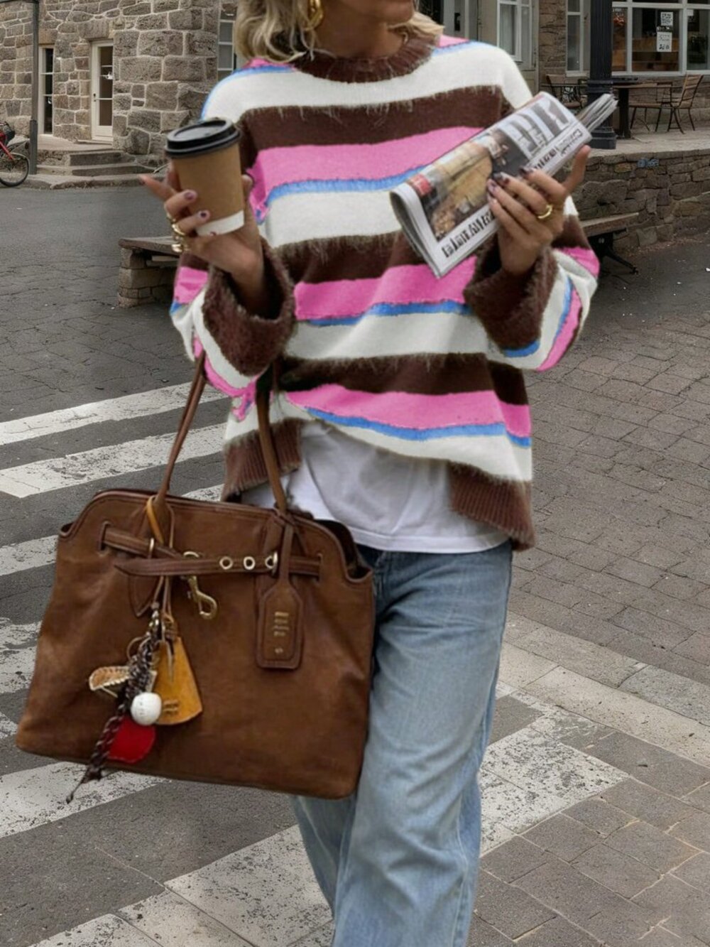 Pink Casual Women's Lazy Round Neck Striped Long Sleeve Sweater - Picture 3 of 7